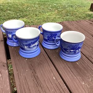 Set of 4 Vtg Currier & Ives Homestead Winter Mugs Blue White Japan Coffee Cups